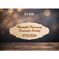 Tabliczka ozdobna 2 9x4cm, Pamiątka Pierwszej Komunii Świętej z datą, Amaze, sklejka 3mm / z dowolną datą